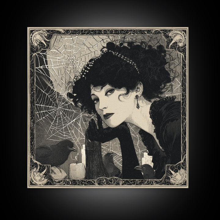 The Spiderweb Crown, Decadent Line Art, Square Wall Art, Gothic Horror Wall Art, Canvas Print, Halloween Wall Art