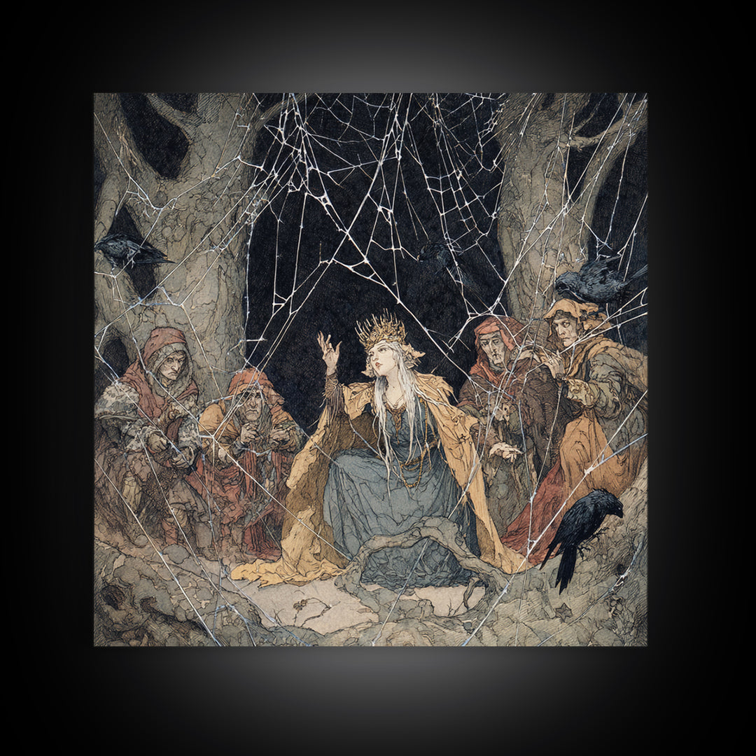The Spiderweb Crown, Gothic Storybook Art, Square Wall Art, Macabre Wall Art, Canvas Print, Halloween Wall Art, Halloween Decor