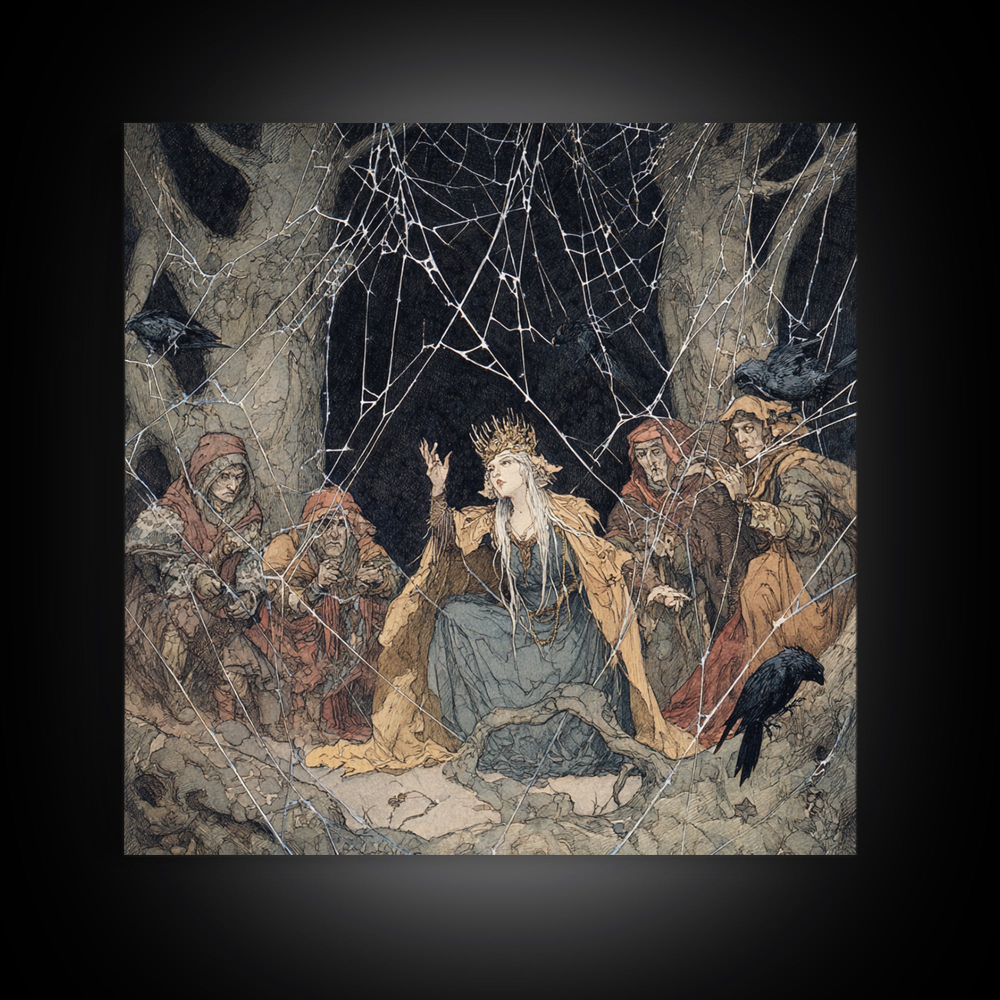 The Spiderweb Crown, Gothic Storybook Art, Square Wall Art, Macabre Wall Art, Canvas Print, Halloween Wall Art, Halloween Decor
