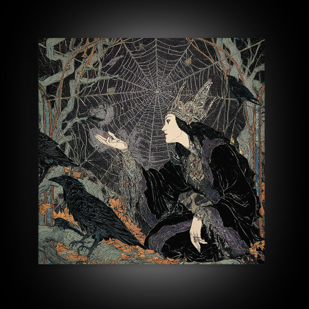 The Spiderweb Crown, Stained Glass Gothic Art, Square Wall Art, Macabre Wall Art, Framed Canvas Print, Halloween Wall Art