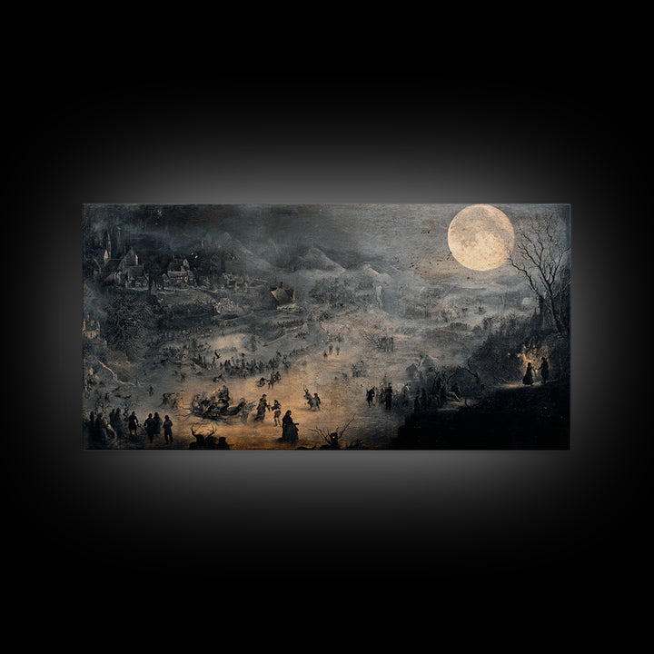 The Moonstone Amulet, Northern Renaissance Horror, Wide Panoramic Art, Dark Halloween Decor, Framed Canvas Print