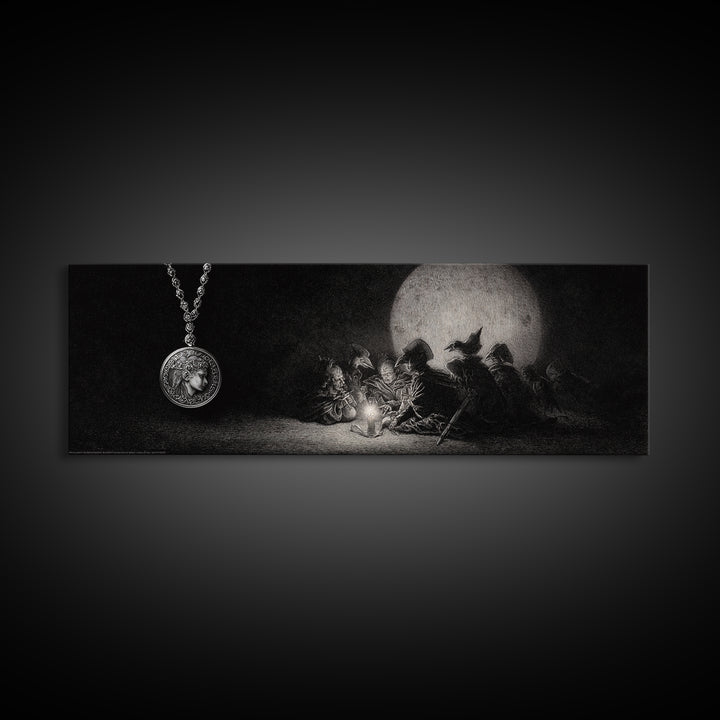 The Moonstone Amulet, Renaissance Engraving Art, Extra Wide Wall Art, Macabre Wall Art, Canvas Print, Halloween Wall Art