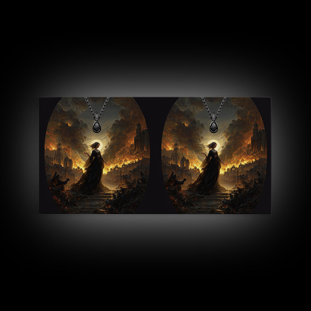 The Moonstone Amulet, Apocalyptic Romantic Art, Wide Panoramic Art, Dark Fantasy Wall Art, Framed Canvas Print, Halloween Wall Art