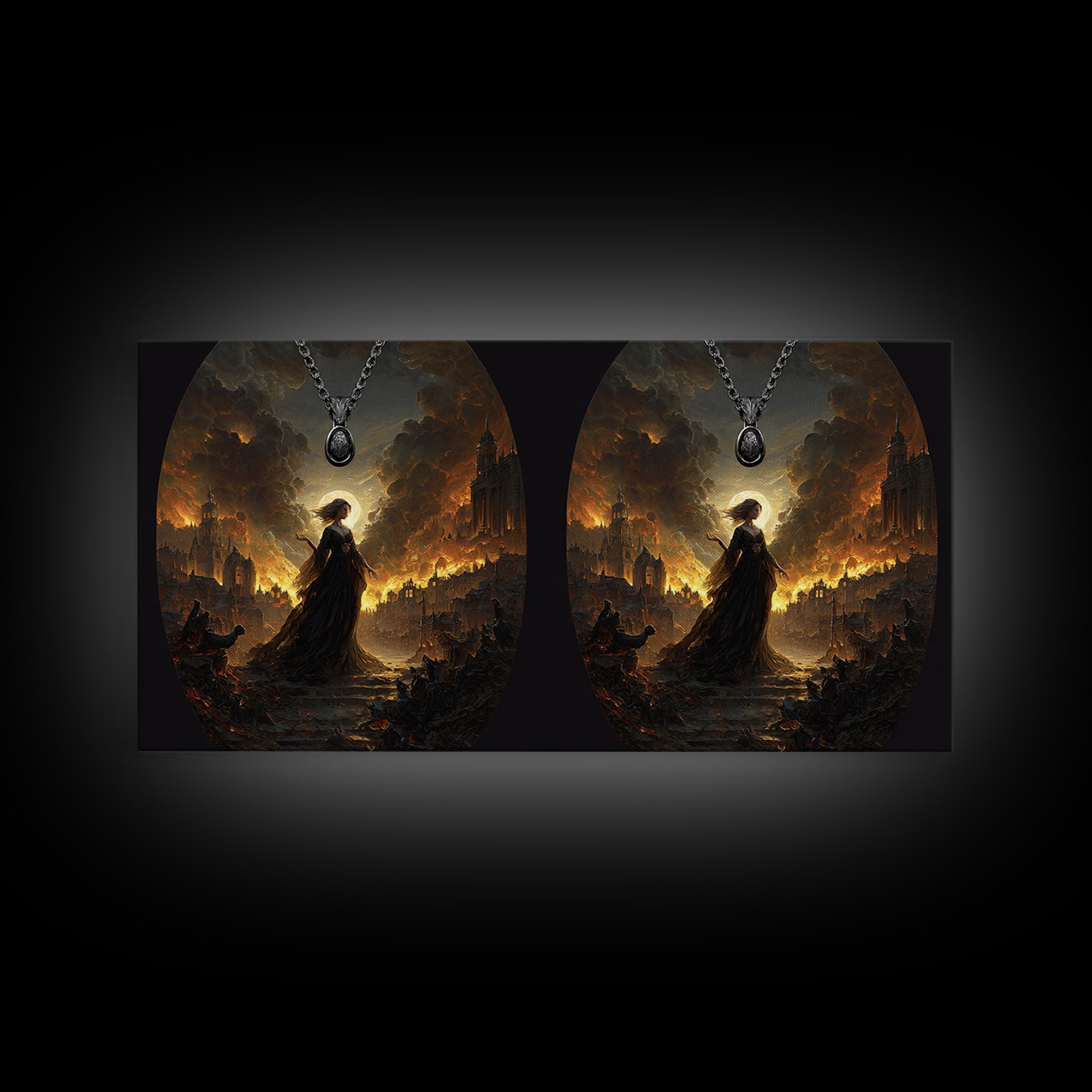 The Moonstone Amulet, Apocalyptic Romantic Art, Wide Panoramic Art, Dark Fantasy Wall Art, Framed Canvas Print, Halloween Wall Art