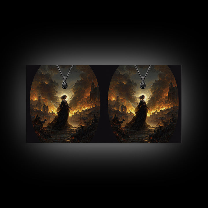 The Moonstone Amulet, Apocalyptic Romantic Art, Wide Panoramic Art, Dark Fantasy Wall Art, Framed Canvas Print, Halloween Wall Art