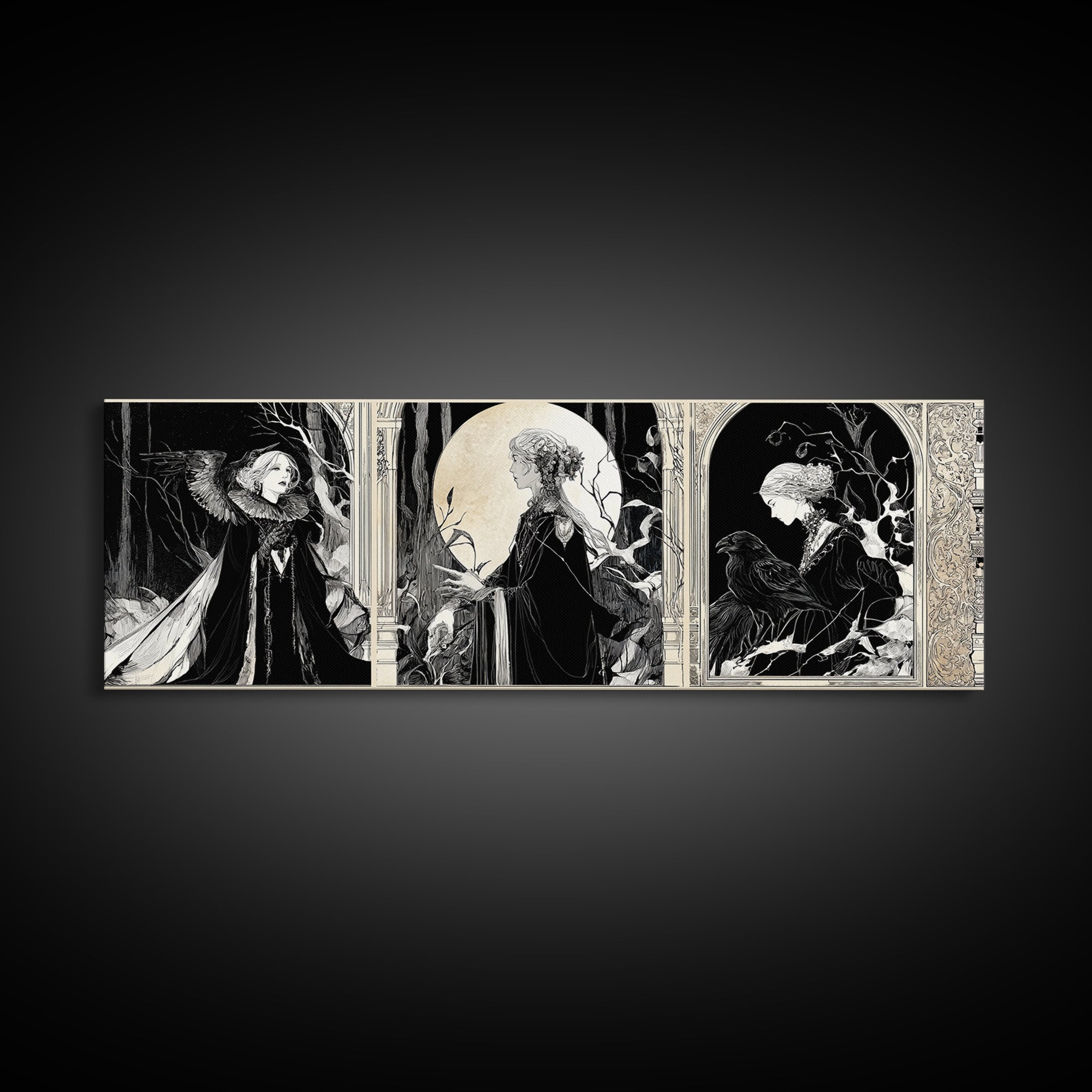 The Moonstone Amulet, Decadent Line Art, Extra Wide Wall Art, Macabre Wall Art, Framed Canvas Print, Halloween Wall Art