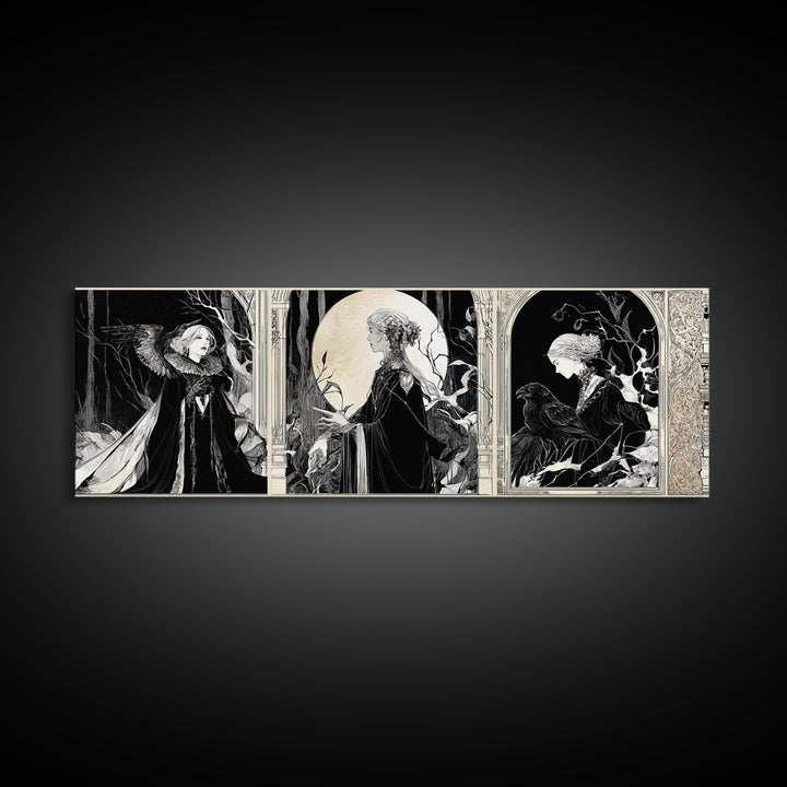 The Moonstone Amulet, Decadent Line Art, Extra Wide Wall Art, Macabre Wall Art, Framed Canvas Print, Halloween Wall Art