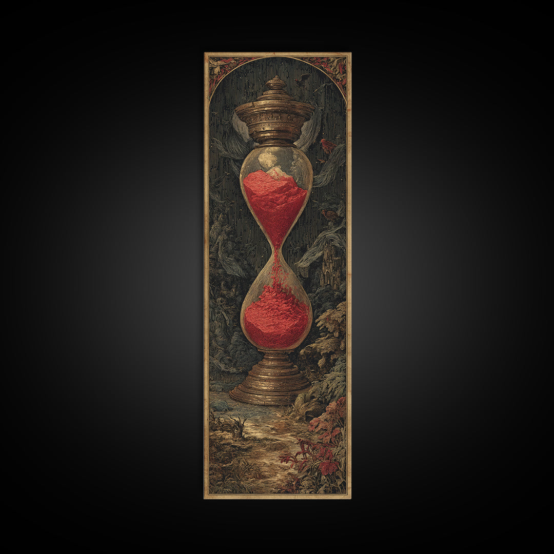 The Crimson Hourglass, Gothic Engraving Art, Tall Narrow Wall Art, Dark Halloween Decor, Framed Canvas Print, Halloween Wall Art