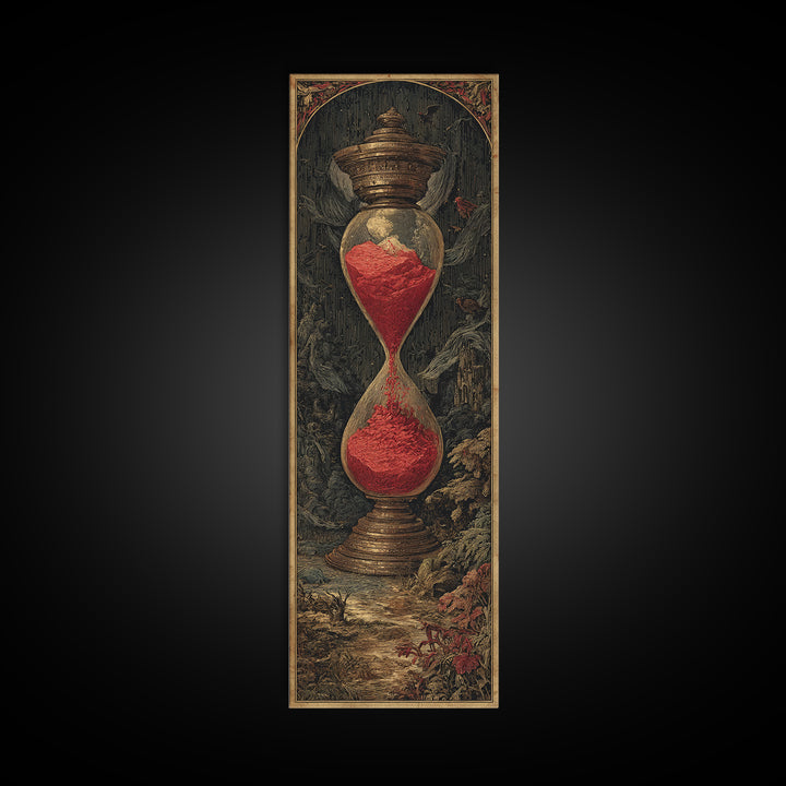 The Crimson Hourglass, Gothic Engraving Art, Tall Narrow Wall Art, Dark Halloween Decor, Framed Canvas Print, Halloween Wall Art