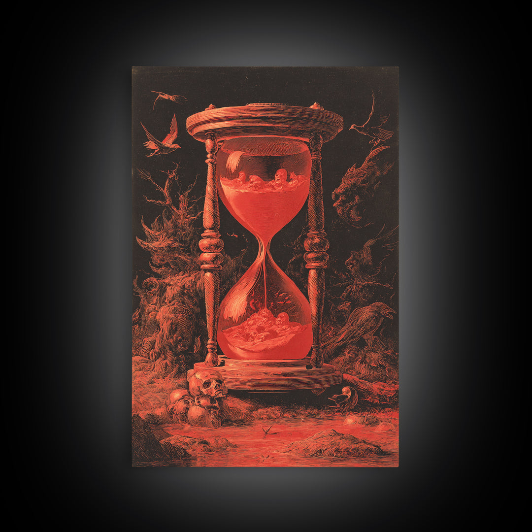 The Crimson Hourglass, Dark Romantic Horror Art, Vertical Wall Art, Dark Halloween Decor, Framed Canvas Print, Halloween Wall Art