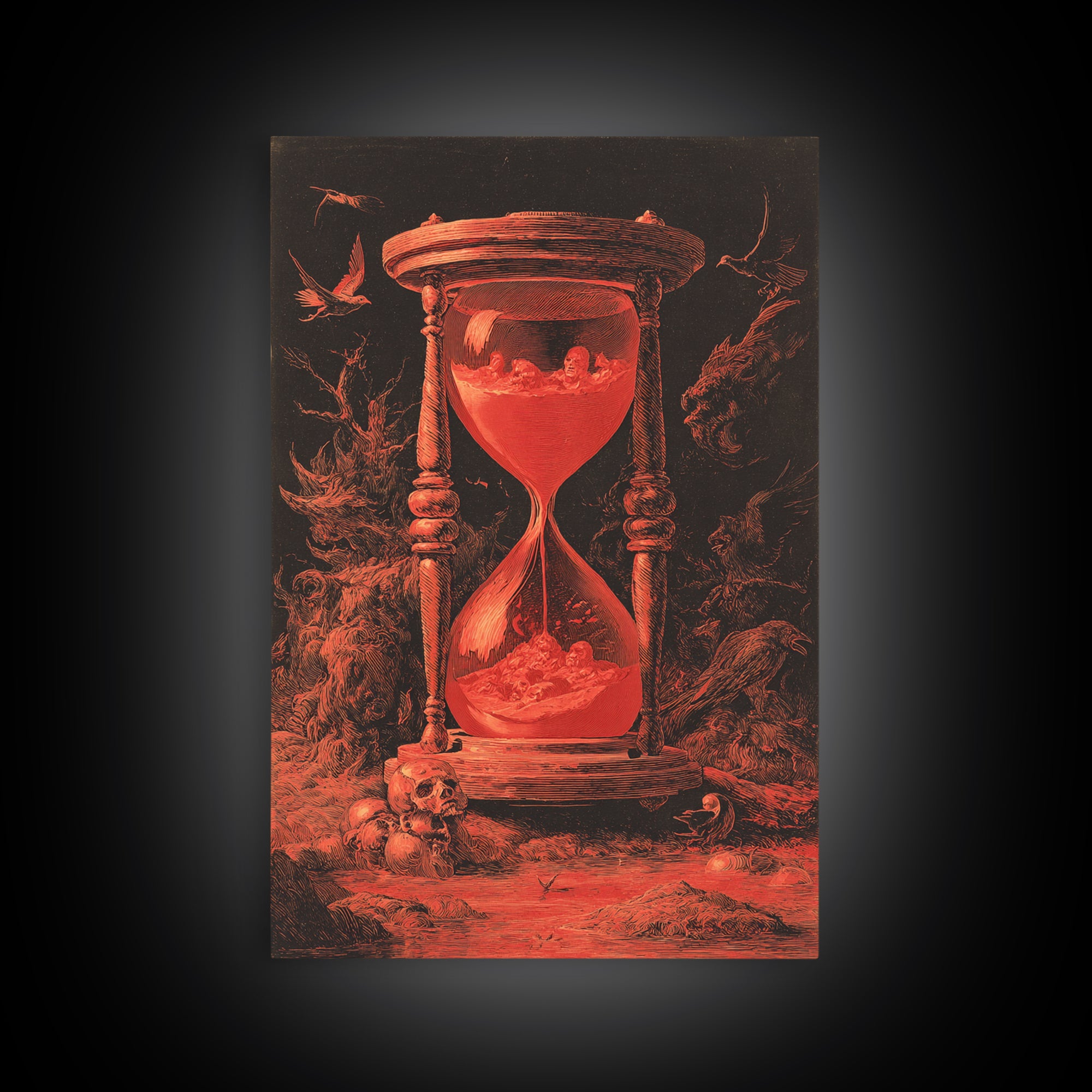 The Crimson Hourglass, Dark Romantic Horror Art, Vertical Wall Art, Dark Halloween Decor, Framed Canvas Print, Halloween Wall Art