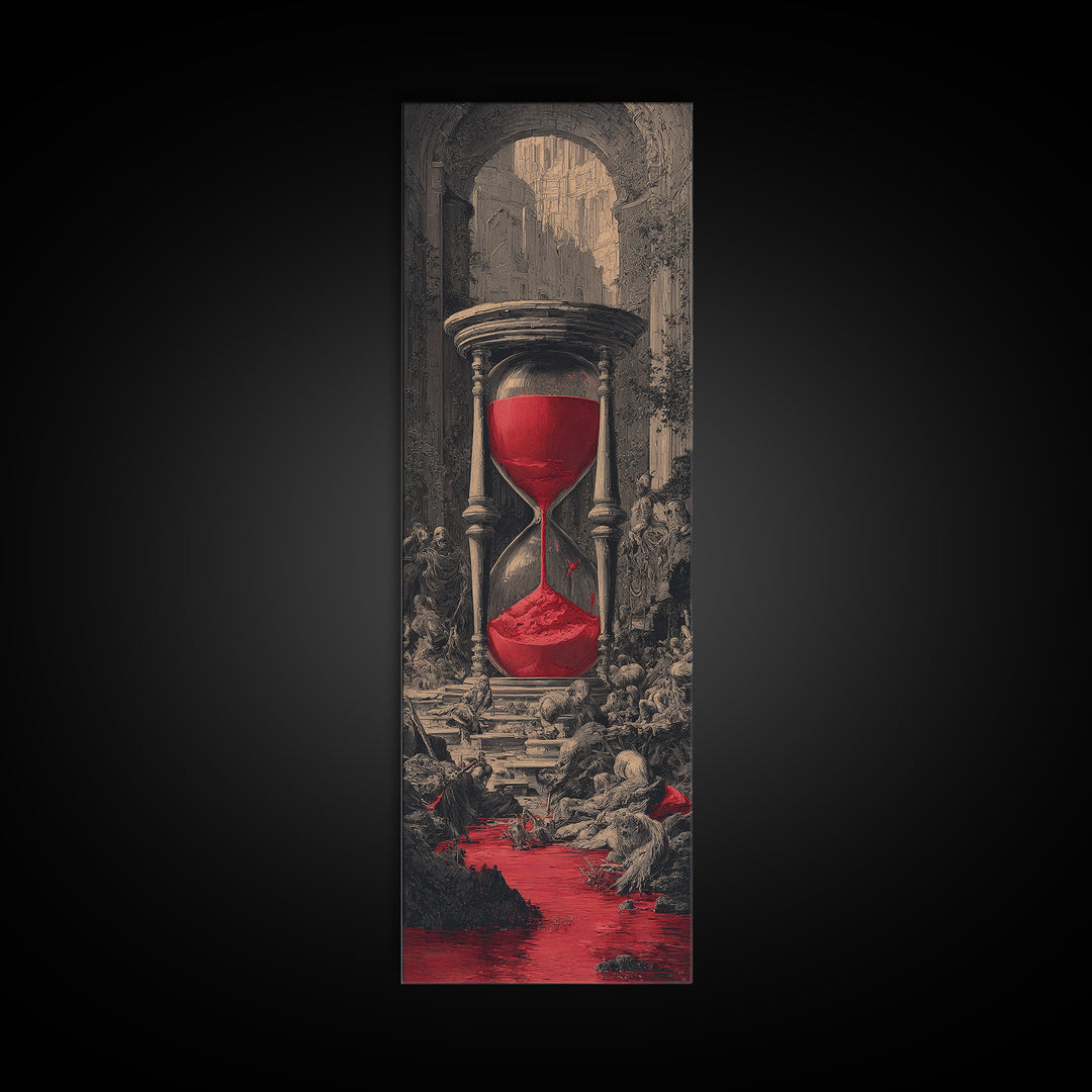 The Crimson Hourglass, Architectural Etching Art, Tall Narrow Wall Art, Macabre Wall Art, Framed Canvas Print, Horror Wall Art