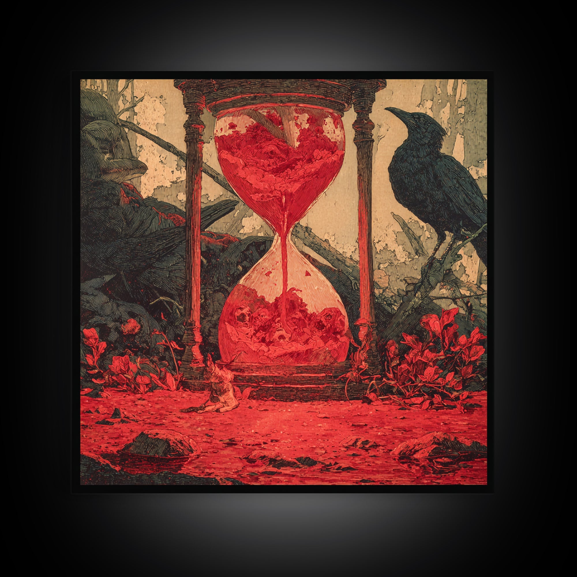 The Crimson Hourglass, Symbolist Etching Art, Square Wall Art, Gothic Horror Wall Art, Canvas Print, Halloween Wall Art