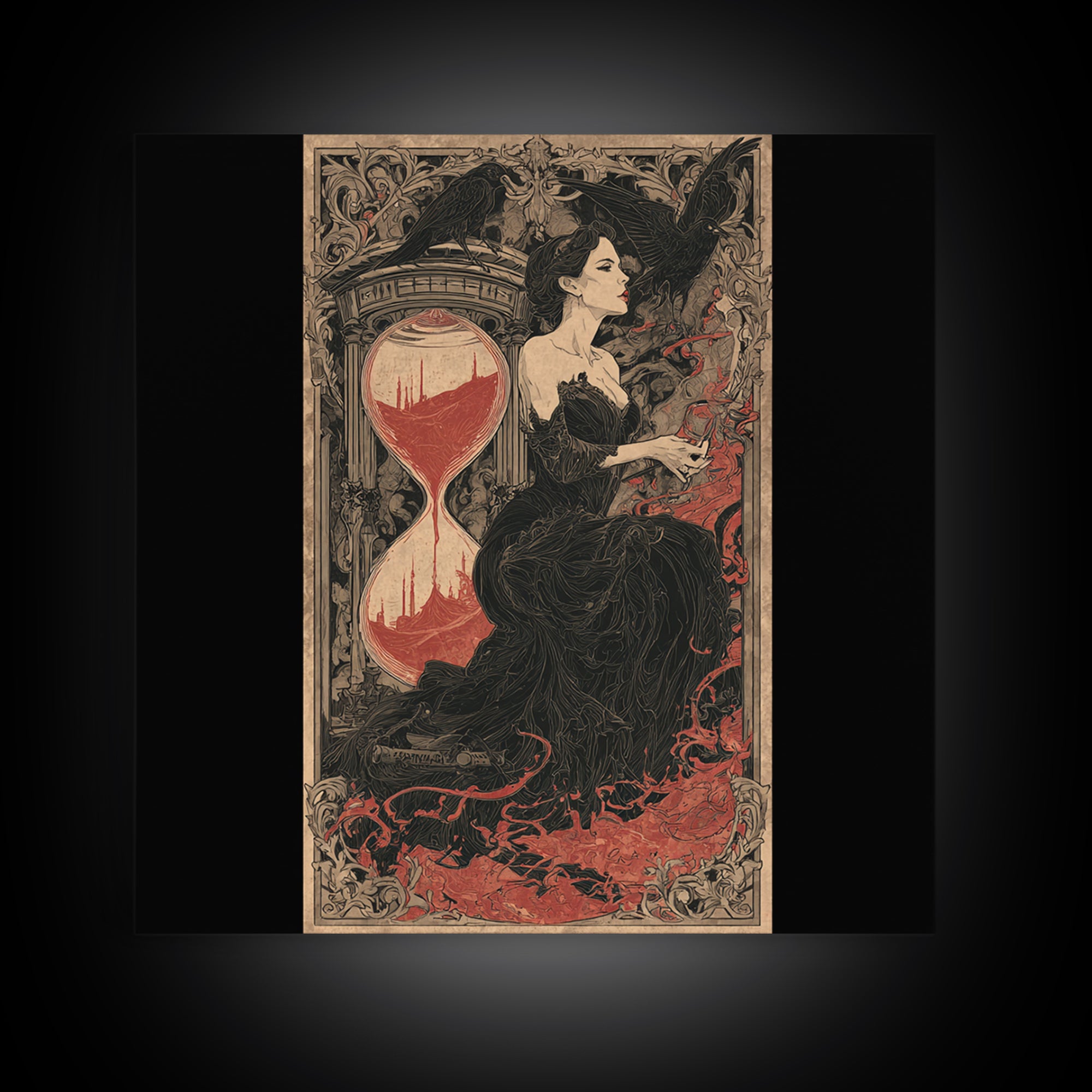 The Crimson Hourglass, Decadent Line Art, Square Wall Art, Macabre Wall Art, Canvas Print, Halloween Wall Art