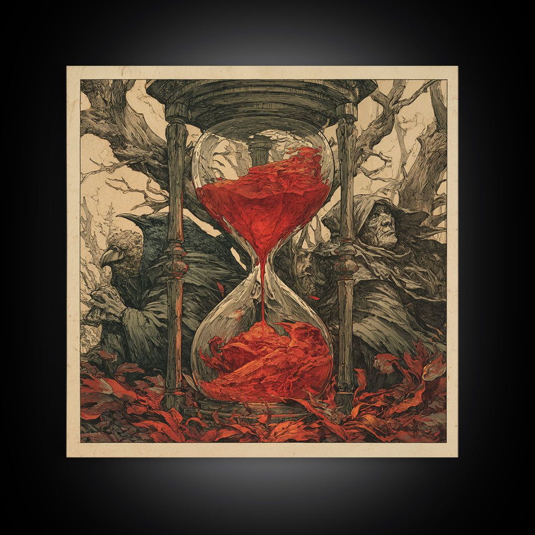 The Crimson Hourglass, Gothic Storybook Art, Square Wall Art, Macabre Wall Art, Canvas Print, Halloween Wall Art, Seasonal Home Decor