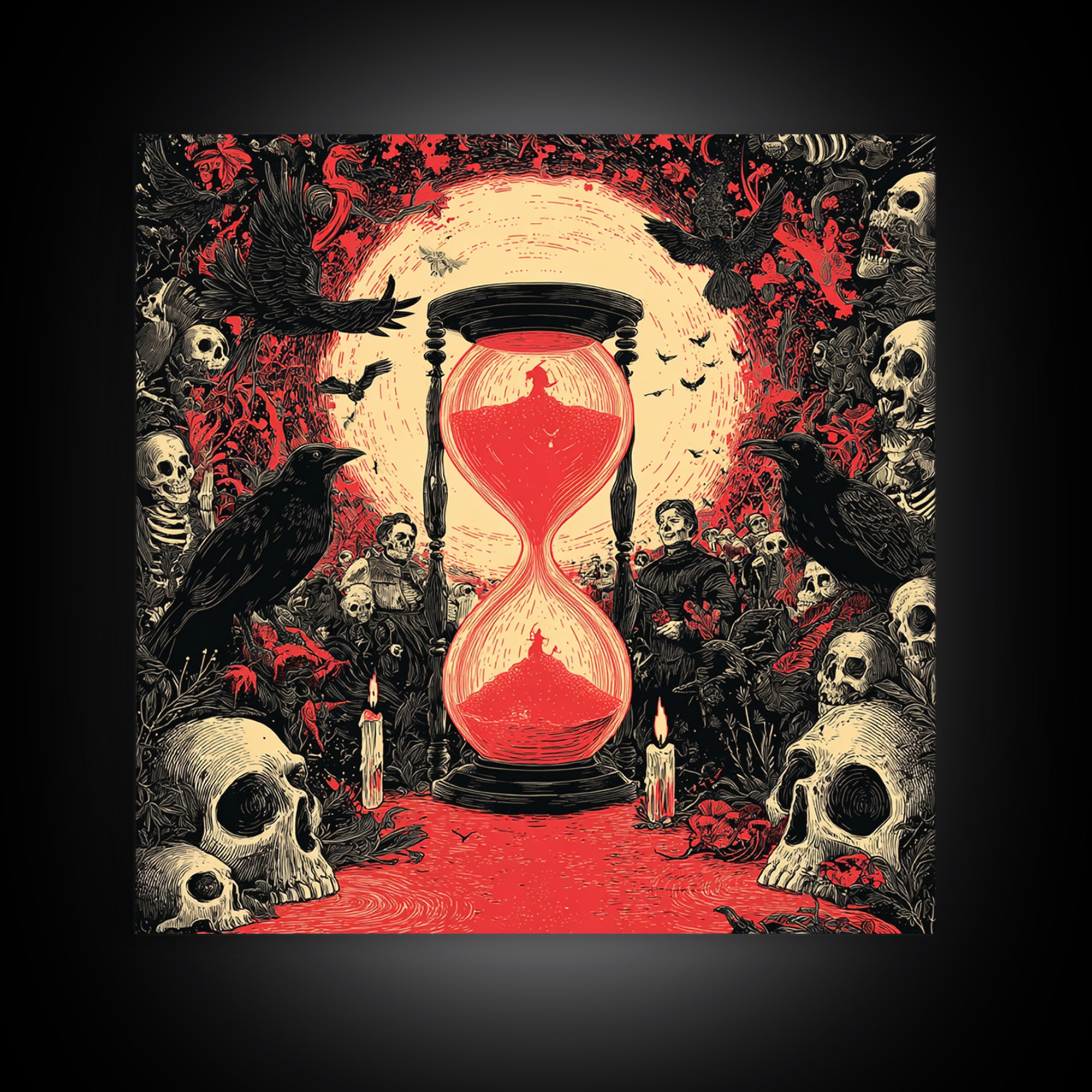 The Crimson Hourglass, Macabre Folk Print Art, Square Wall Art, Macabre Wall Art, Canvas Print, Halloween Wall Art