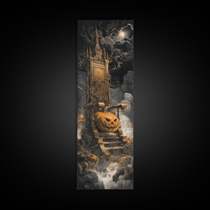 The Jack-O'-Lantern Throne, Gothic Engraving Art, Tall Narrow Wall Art, Dark Halloween Decor, Framed Canvas Print, Halloween Wall Art