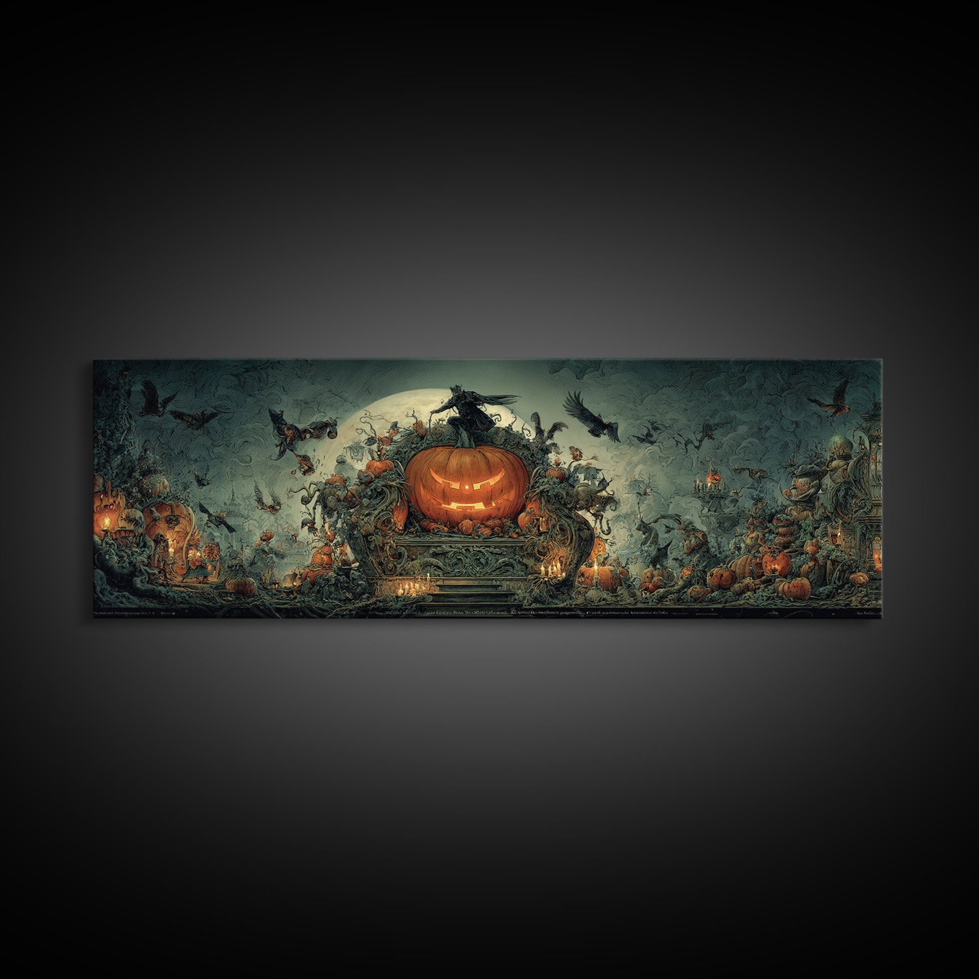 The Jack-O'-Lantern Throne, Medieval Grotesque Art, Extra Wide Wall Art, Dark Fantasy Wall Art, Framed Canvas Print