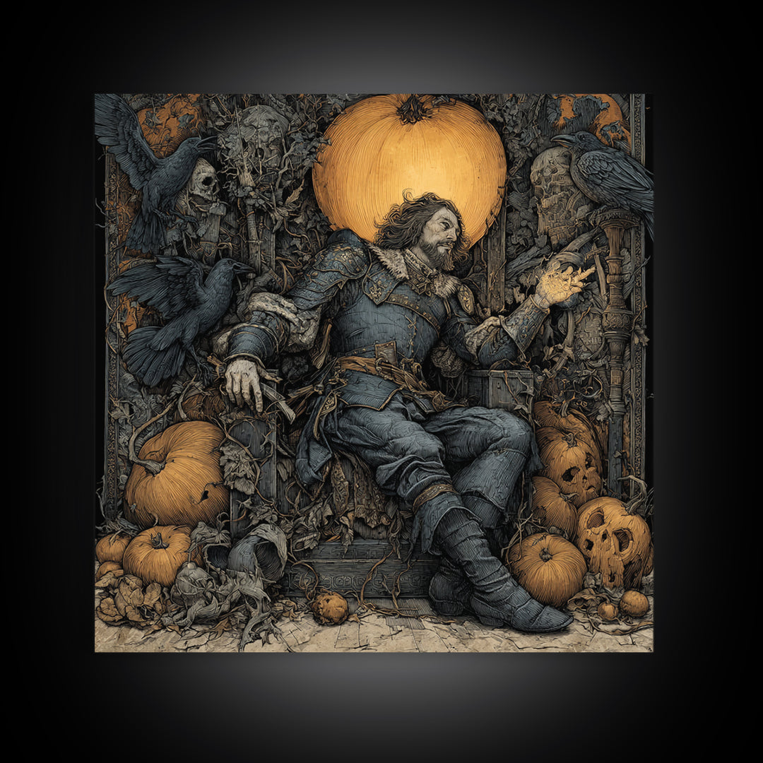 The Jack-O'-Lantern Throne, Renaissance Engraving Art, Square Wall Art, Dark Halloween Decor, Framed Canvas Print, Halloween Wall Art