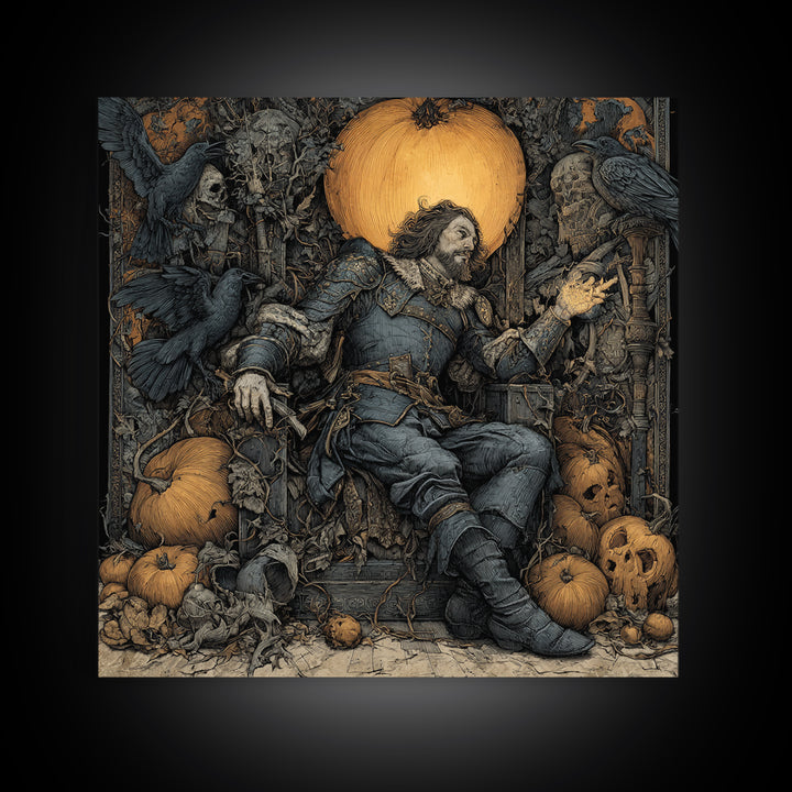 The Jack-O'-Lantern Throne, Renaissance Engraving Art, Square Wall Art, Dark Halloween Decor, Framed Canvas Print, Halloween Wall Art