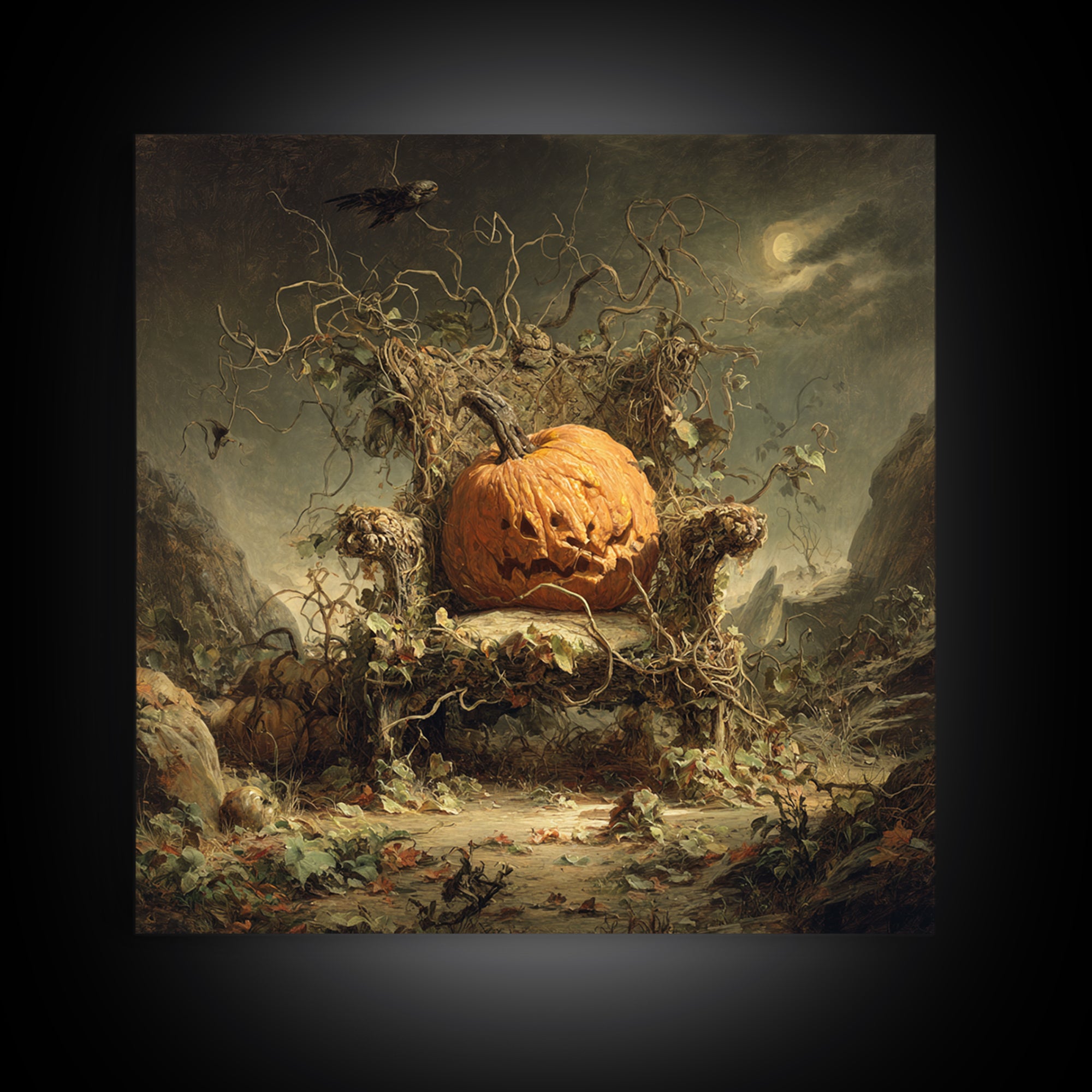 The Jack-O'-Lantern Throne, Baroque Witchcraft Art, Square Wall Art, Dark Halloween Decor, Framed Canvas Print, Halloween Wall Art