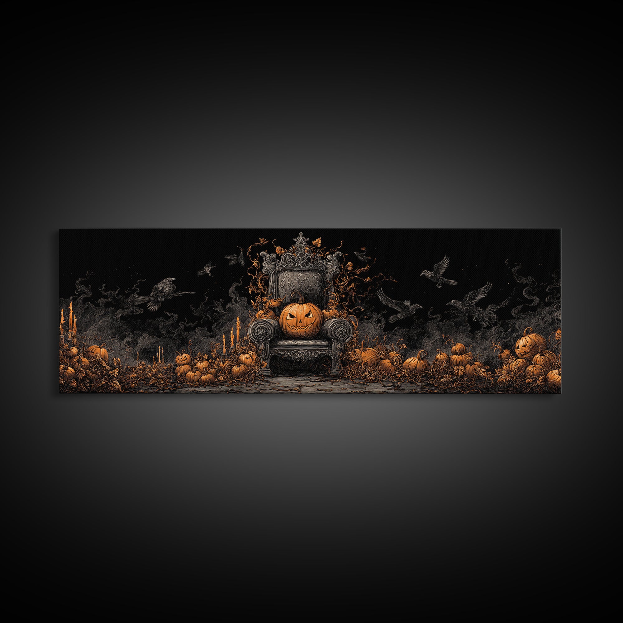The Jack-O'-Lantern Throne, Dark Romantic Horror Art, Extra Wide Wall Art, Macabre Wall Art, Framed Canvas Print, Halloween Wall Art