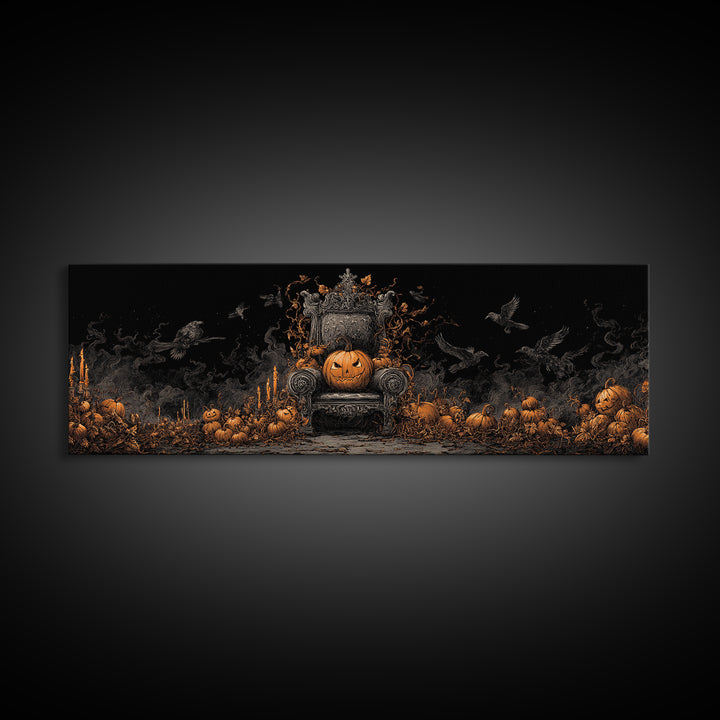 The Jack-O'-Lantern Throne, Dark Romantic Horror Art, Extra Wide Wall Art, Macabre Wall Art, Framed Canvas Print, Halloween Wall Art
