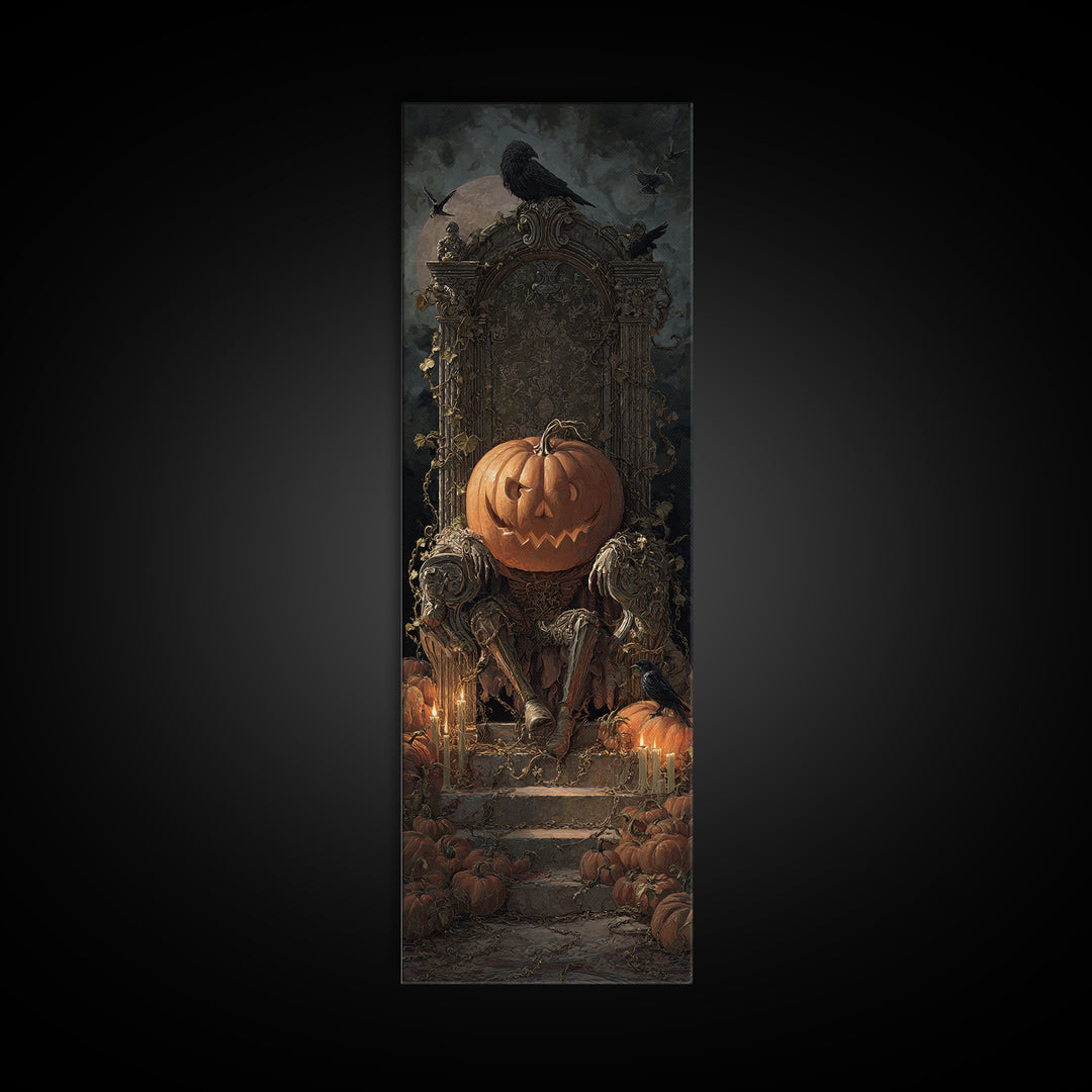 The Jack-O'-Lantern Throne, Architectural Etching Art, Tall Narrow Wall Art, Dark Halloween Decor, Canvas Print