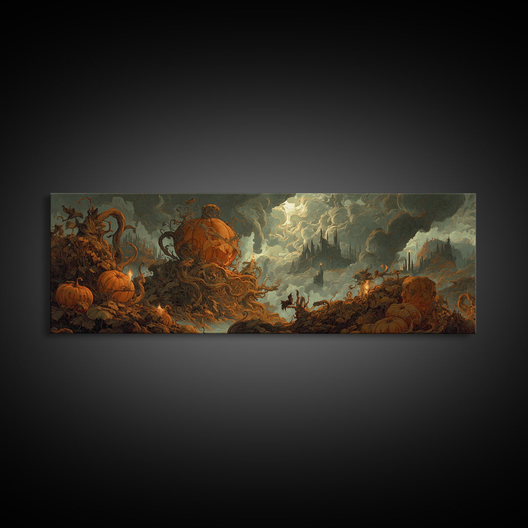 The Jack-O'-Lantern Throne, Apocalyptic Romantic Art, Extra Wide Wall Art, Macabre Wall Art, Framed Canvas Print, Halloween Wall Art