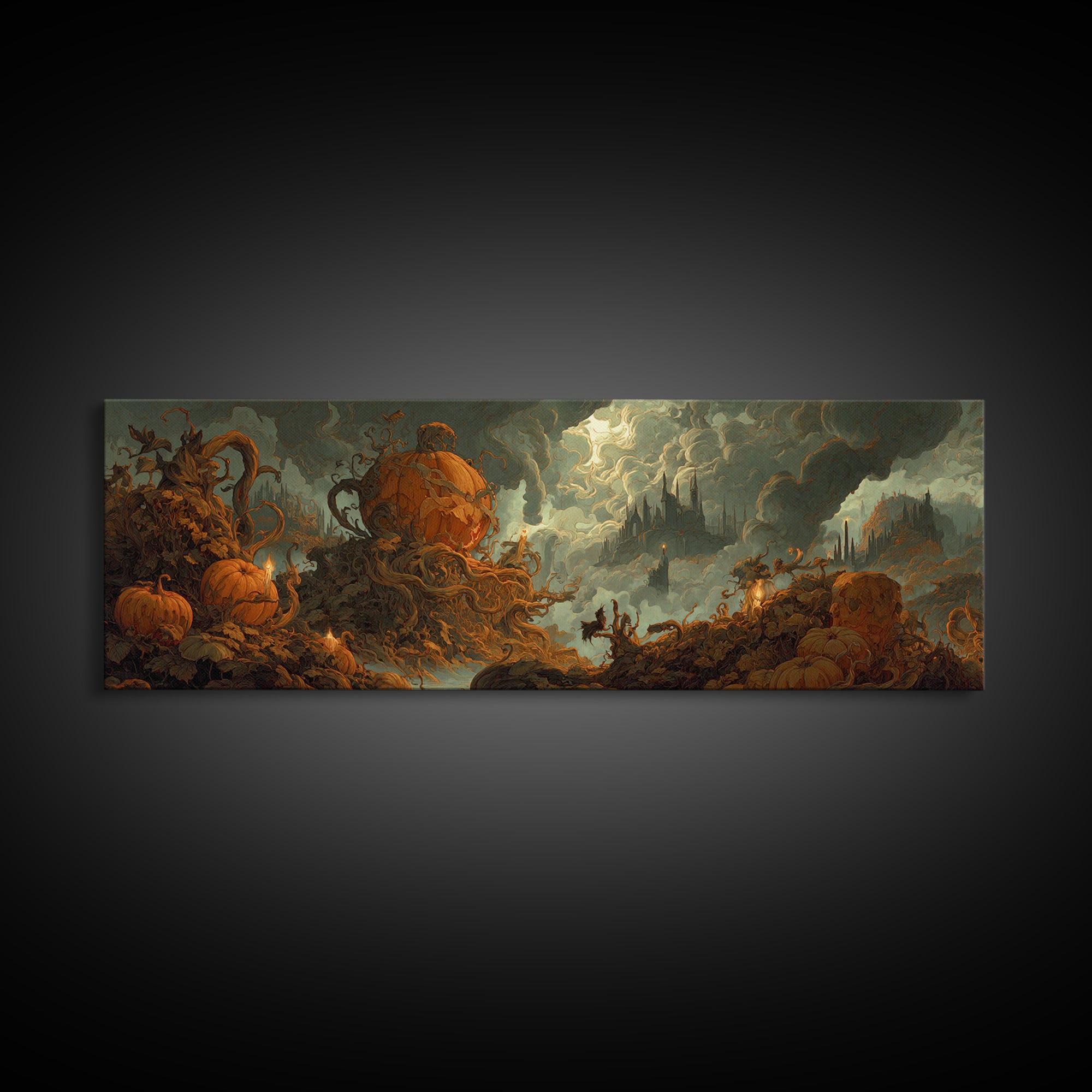 The Jack-O'-Lantern Throne, Apocalyptic Romantic Art, Extra Wide Wall Art, Macabre Wall Art, Framed Canvas Print, Halloween Wall Art