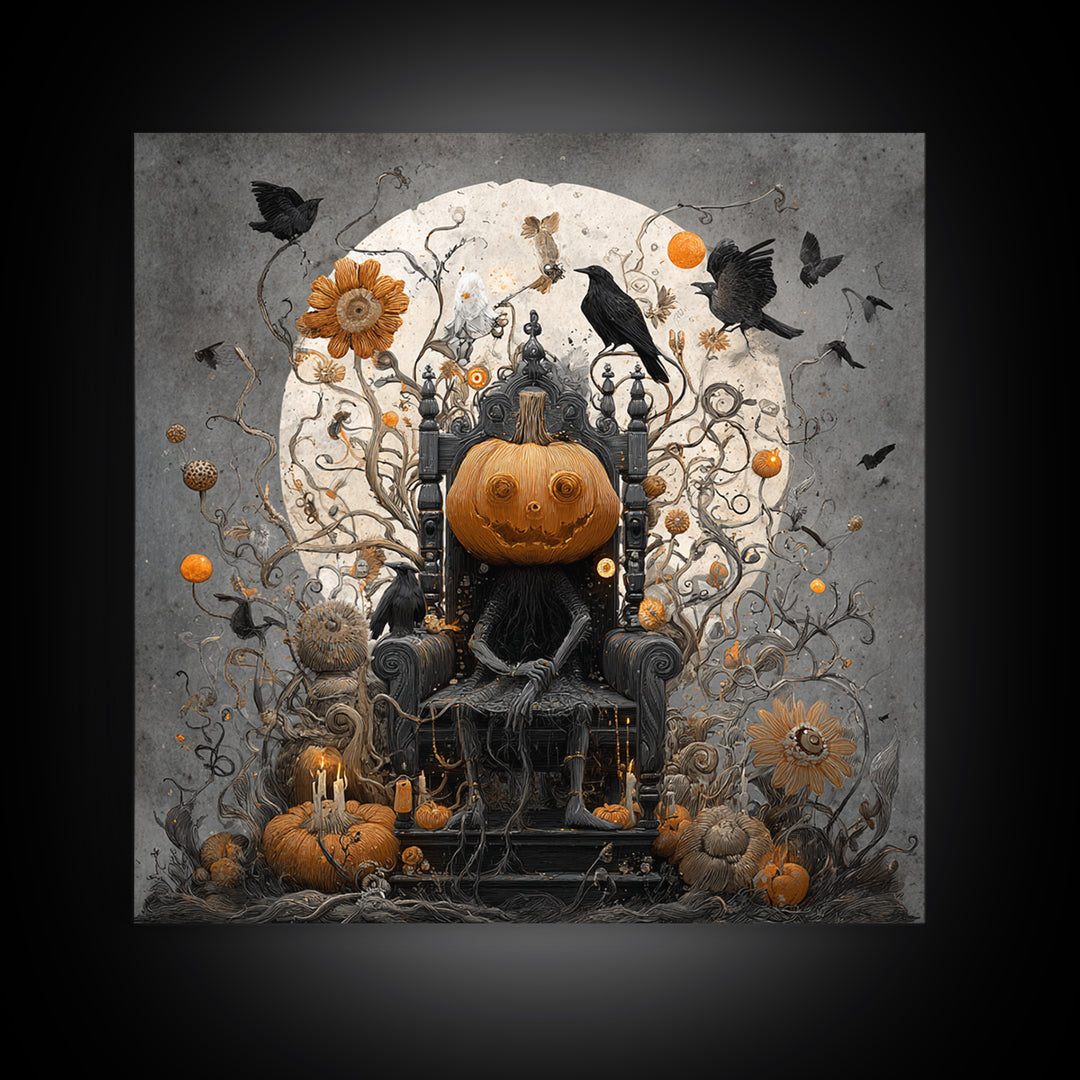 The Jack-O'-Lantern Throne, Symbolist Dream Art, Square Wall Art, Dark Fantasy Wall Art, Framed Canvas Print, Halloween Wall Art