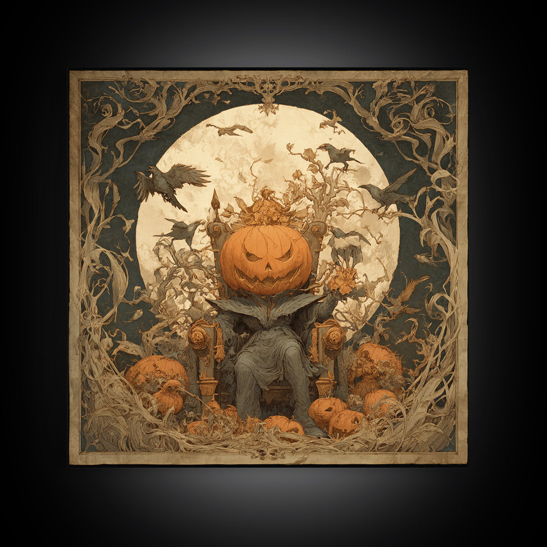 The Jack-O'-Lantern Throne, Symbolist Etching Art, Square Wall Art, Gothic Horror Wall Art, Framed Canvas Print, Halloween Wall Art