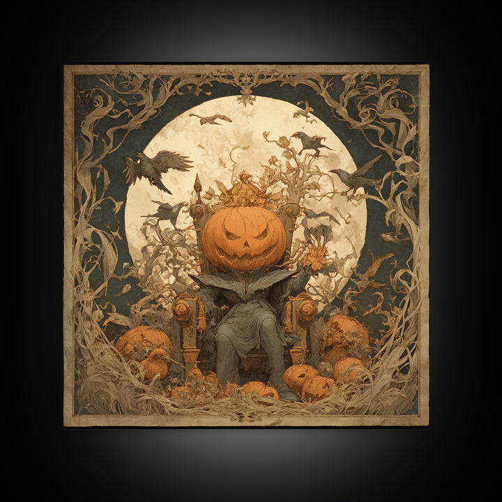 The Jack-O'-Lantern Throne, Symbolist Etching Art, Square Wall Art, Gothic Horror Wall Art, Framed Canvas Print, Halloween Wall Art