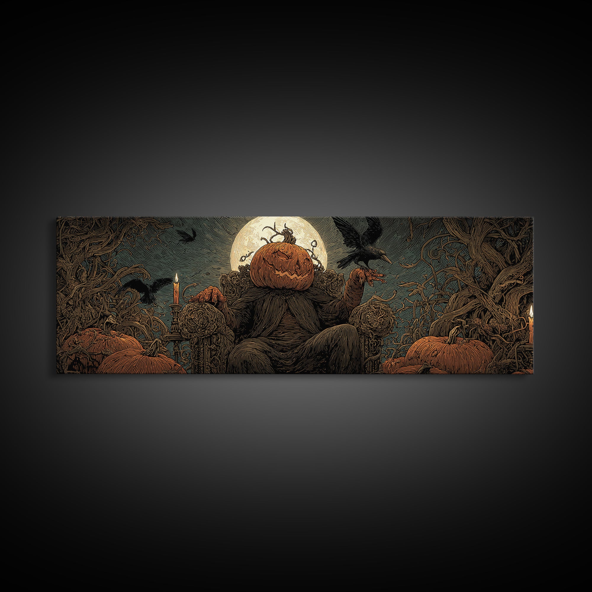 The Jack-O'-Lantern Throne, Expressionist Nightmare Art, Extra Wide Wall Art, Macabre Wall Art, Canvas Print, Halloween Wall Art