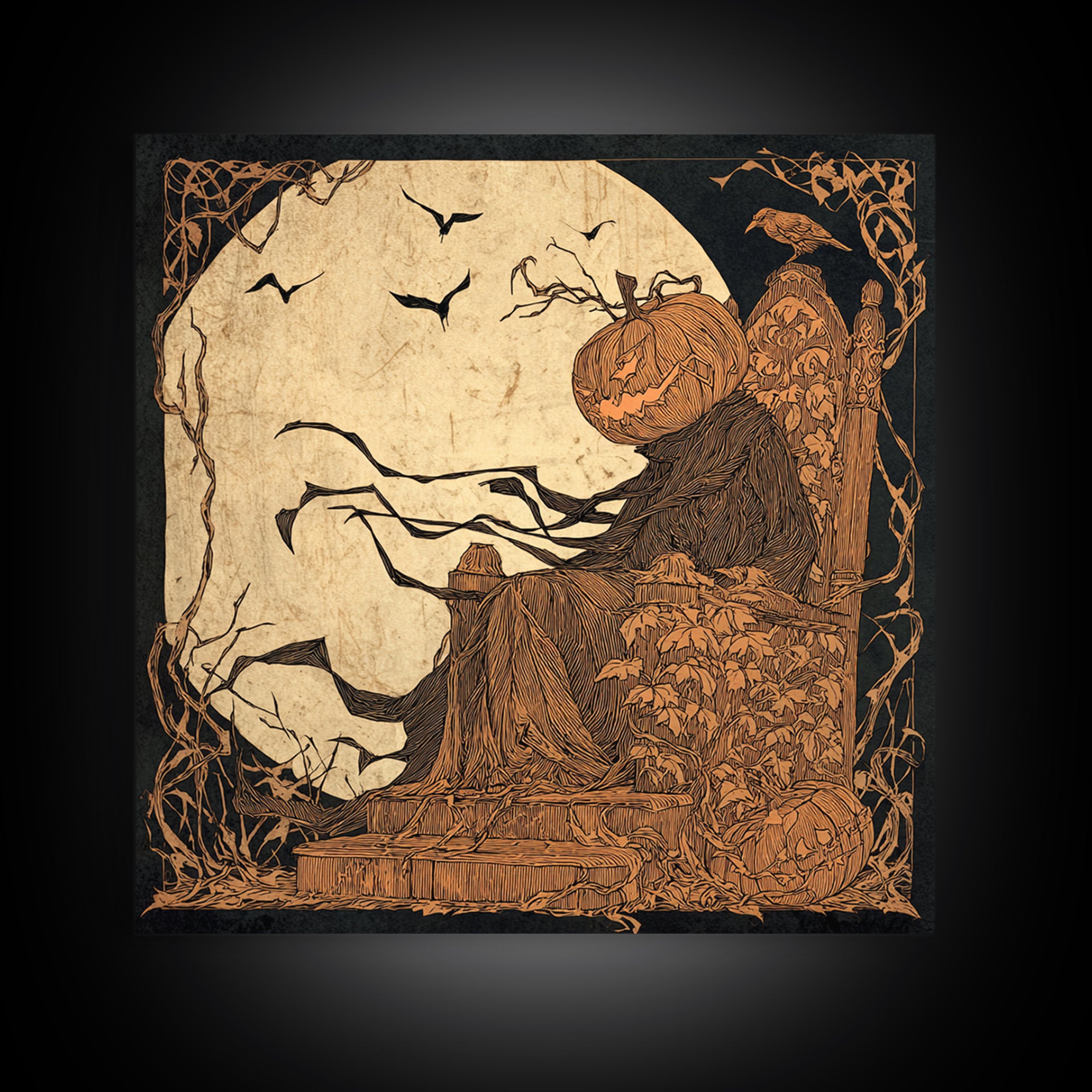 The Jack-O'-Lantern Throne, Decadent Line Art, Square Wall Art, Dark Halloween Decor, Framed Canvas Print, Halloween Wall Art