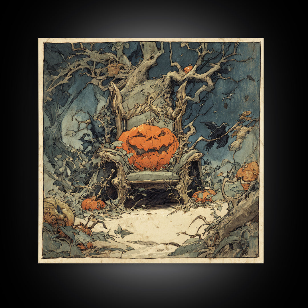 The Jack-O'-Lantern Throne, Gothic Storybook Art, Square Wall Art, Macabre Wall Art, Canvas Print, Halloween Wall Art