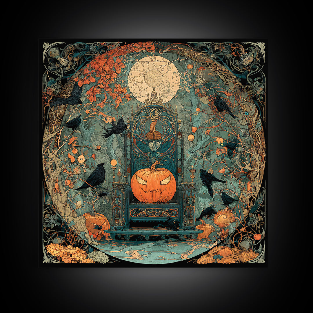 The Jack-O'-Lantern Throne, Stained Glass Gothic Art, Square Wall Art, Macabre Wall Art, Framed Canvas Print, Halloween Wall Art