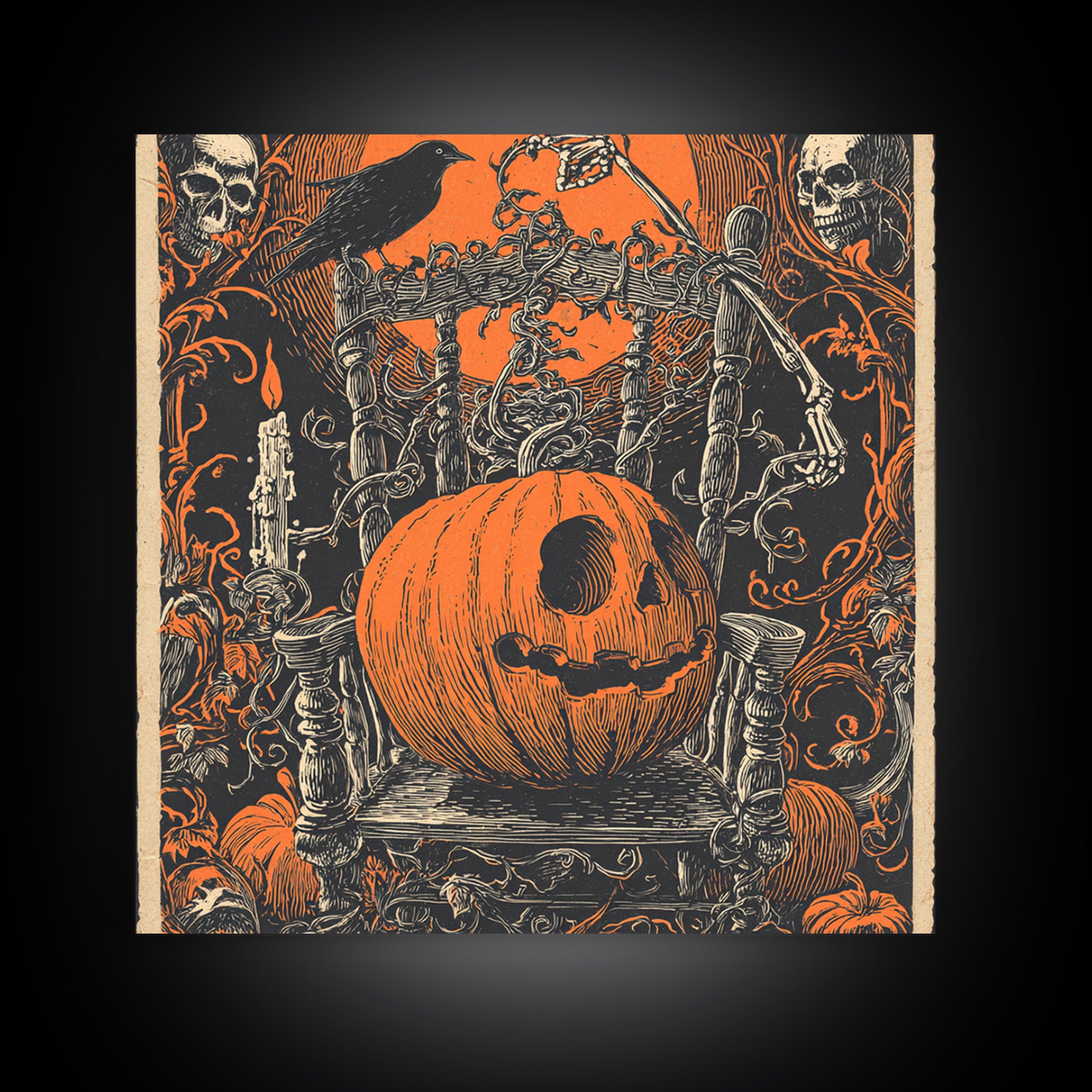 The Jack-O'-Lantern Throne, Macabre Folk Print Art, Square Wall Art, Dark Fantasy Wall Art, Canvas Print, Halloween Wall Art