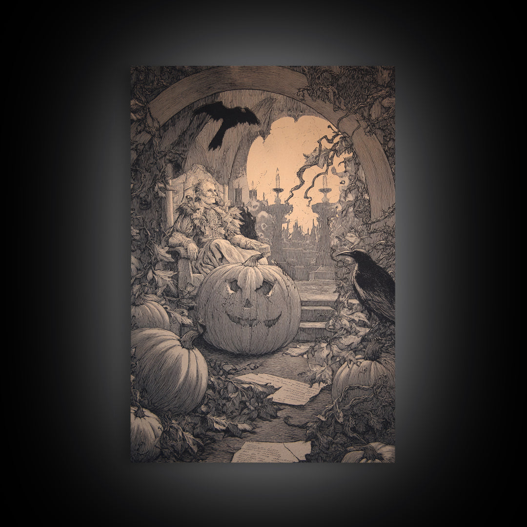 The Jack-O'-Lantern Throne, Victorian Macabre Art, Vertical Wall Art, Gothic Horror Wall Art, Framed Canvas Print, Halloween Wall Art