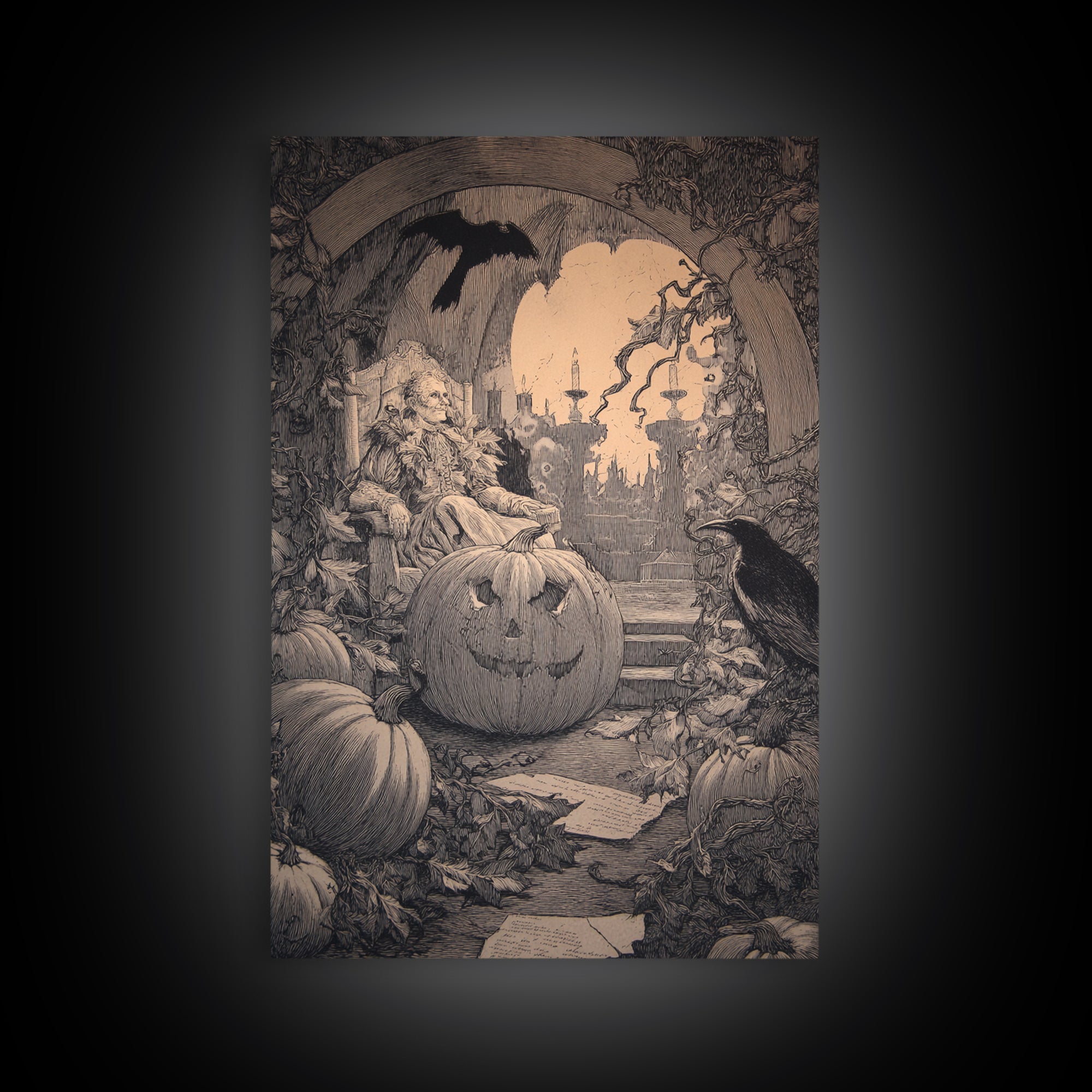 The Jack-O'-Lantern Throne, Victorian Macabre Art, Vertical Wall Art, Gothic Horror Wall Art, Framed Canvas Print, Halloween Wall Art