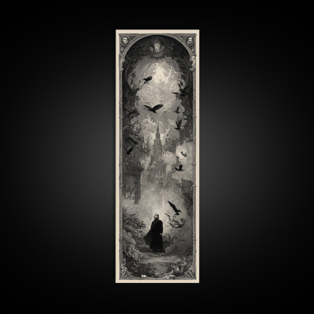The Haunted Portrait, Gothic Engraving Art, Tall Narrow Wall Art, Dark Fantasy Wall Art, Framed Canvas Print, Halloween Wall Art