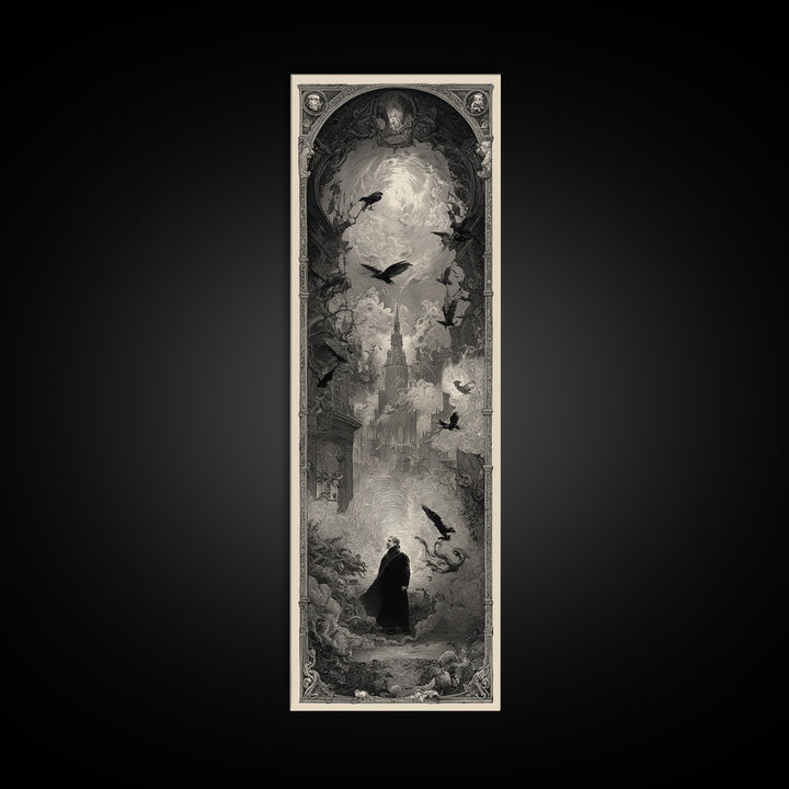 The Haunted Portrait, Gothic Engraving Art, Tall Narrow Wall Art, Dark Fantasy Wall Art, Framed Canvas Print, Halloween Wall Art