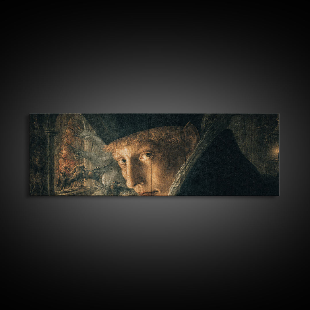 The Haunted Portrait, Medieval Grotesque Art, Extra Wide Wall Art, Dark Halloween Decor, Framed Canvas Print, Halloween Wall Art