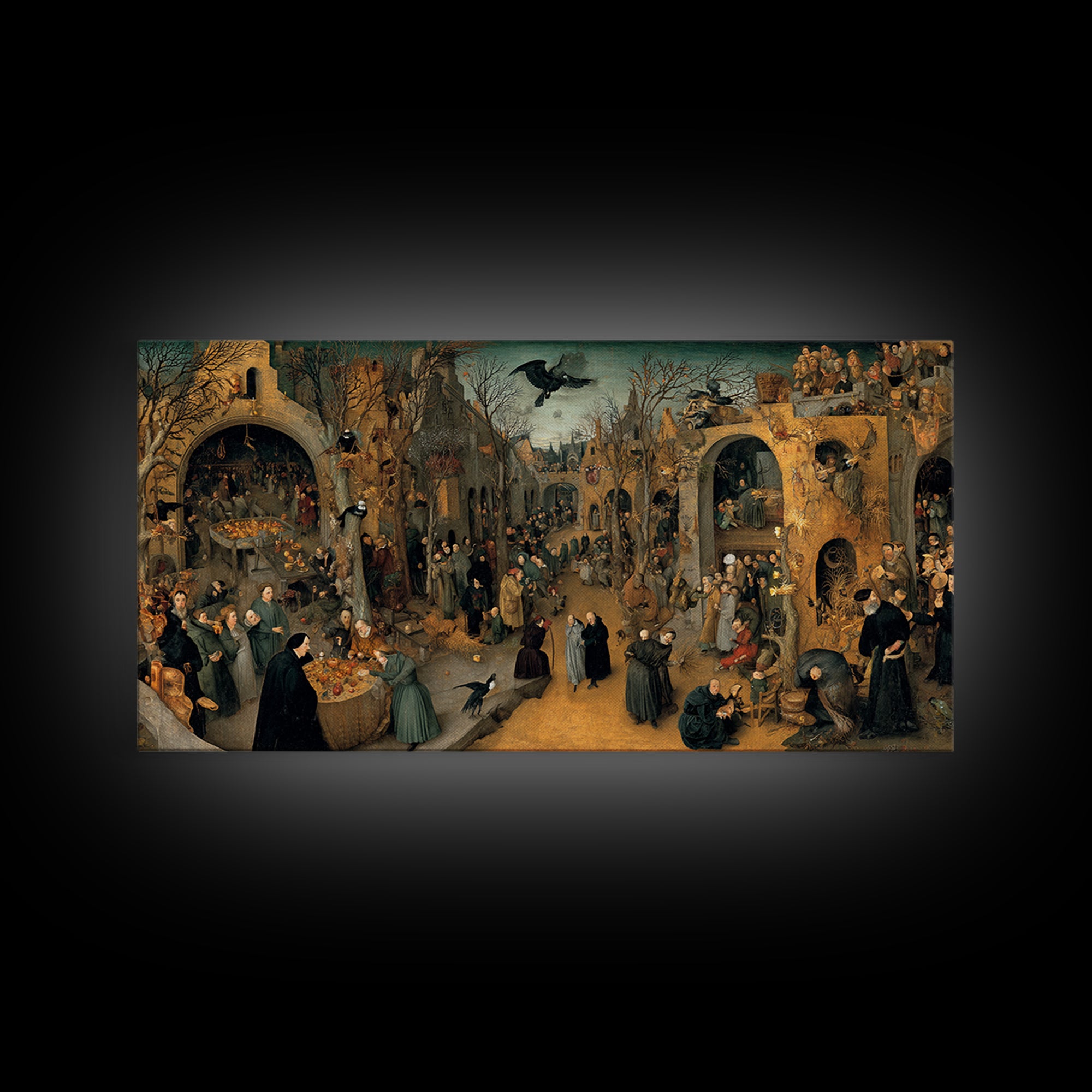 The Haunted Portrait, Northern Renaissance Horror, Wide Panoramic Art, Dark Fantasy Wall Art, Framed Canvas Print, Halloween Decor