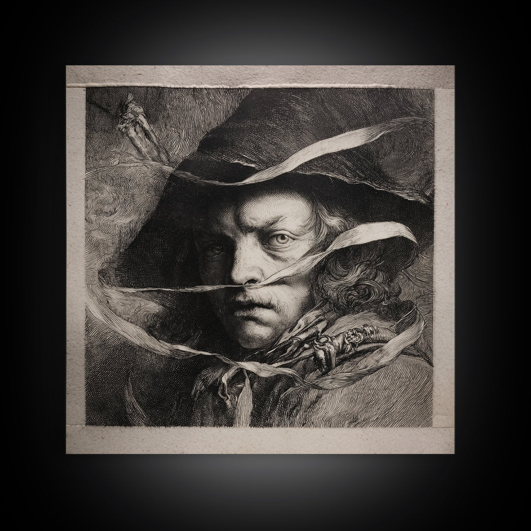 The Haunted Portrait, Renaissance Engraving Art, Square Wall Art, Macabre Wall Art, Framed Canvas Print, Halloween Wall Art