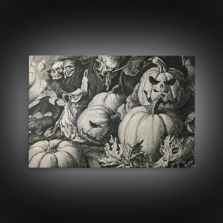 Vintage Orange-And-Black Halloween, Renaissance Engraving Art, Landscape Wall Art, Dark Fantasy Wall Art, Framed Canvas Print