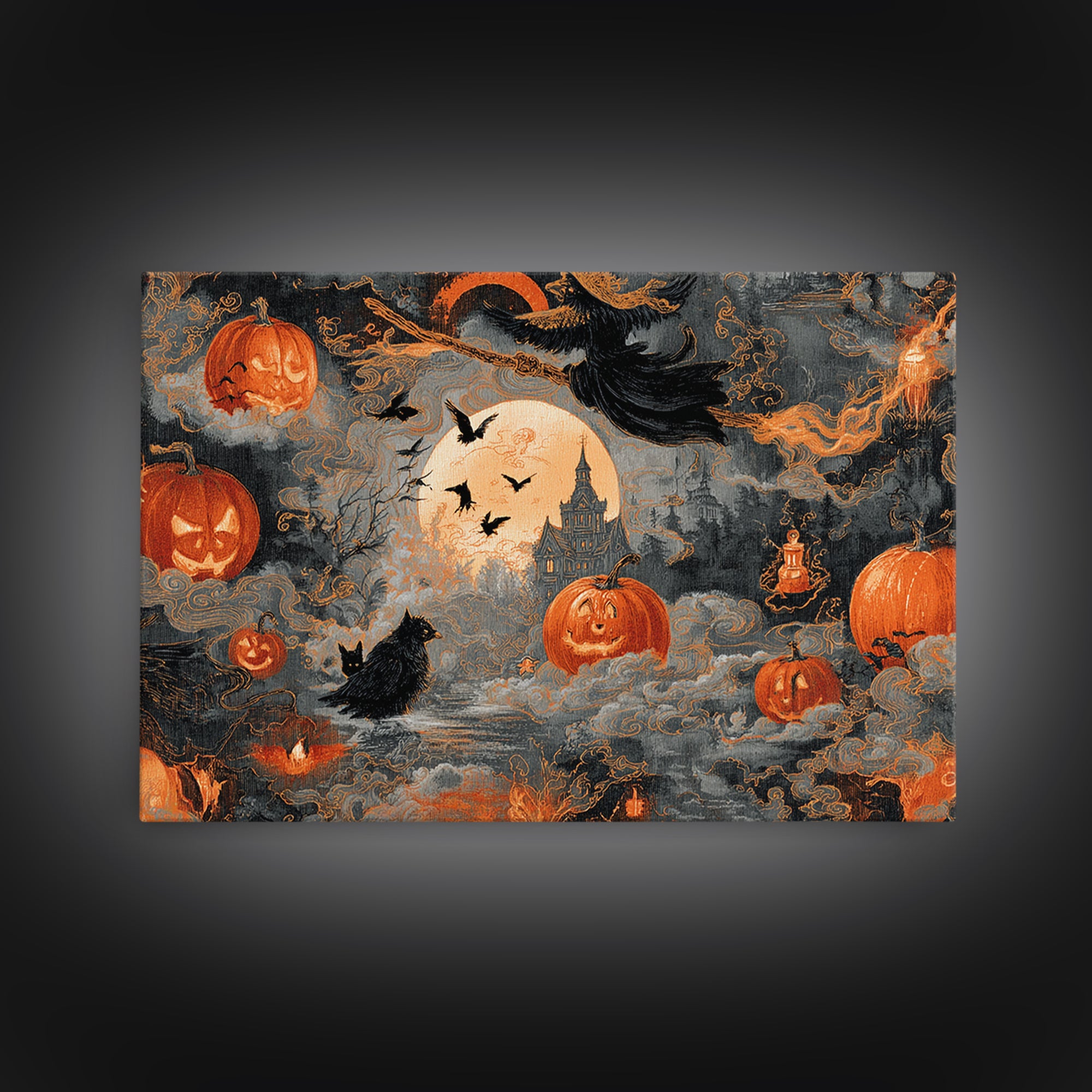 Vintage Orange-And-Black Halloween, Visionary Gothic Art, Landscape Wall Art, Macabre Wall Art, Canvas Print, Halloween Wall Art