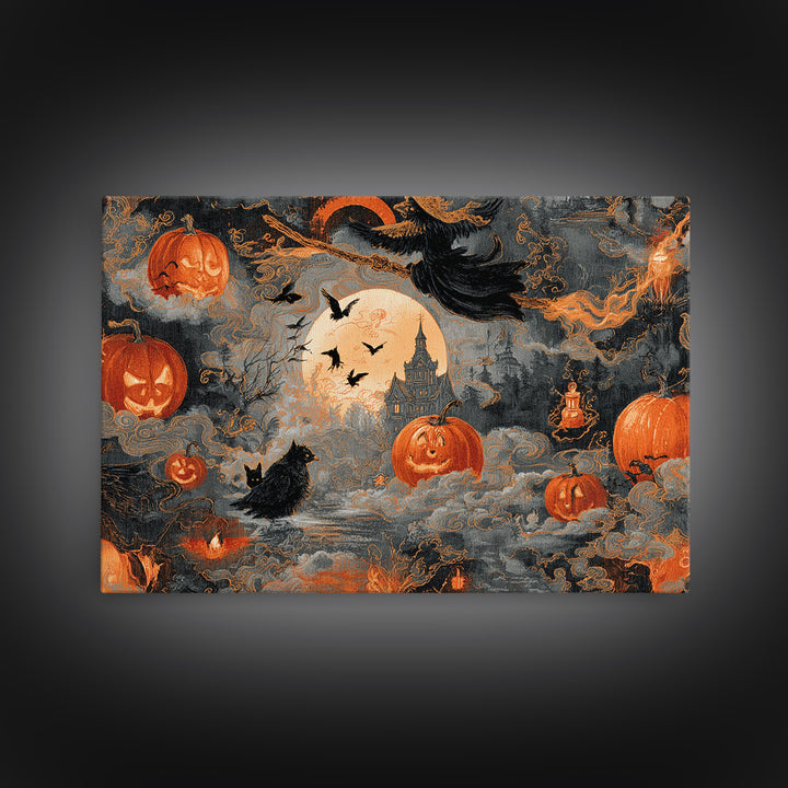 Vintage Orange-And-Black Halloween, Visionary Gothic Art, Landscape Wall Art, Macabre Wall Art, Canvas Print, Halloween Wall Art