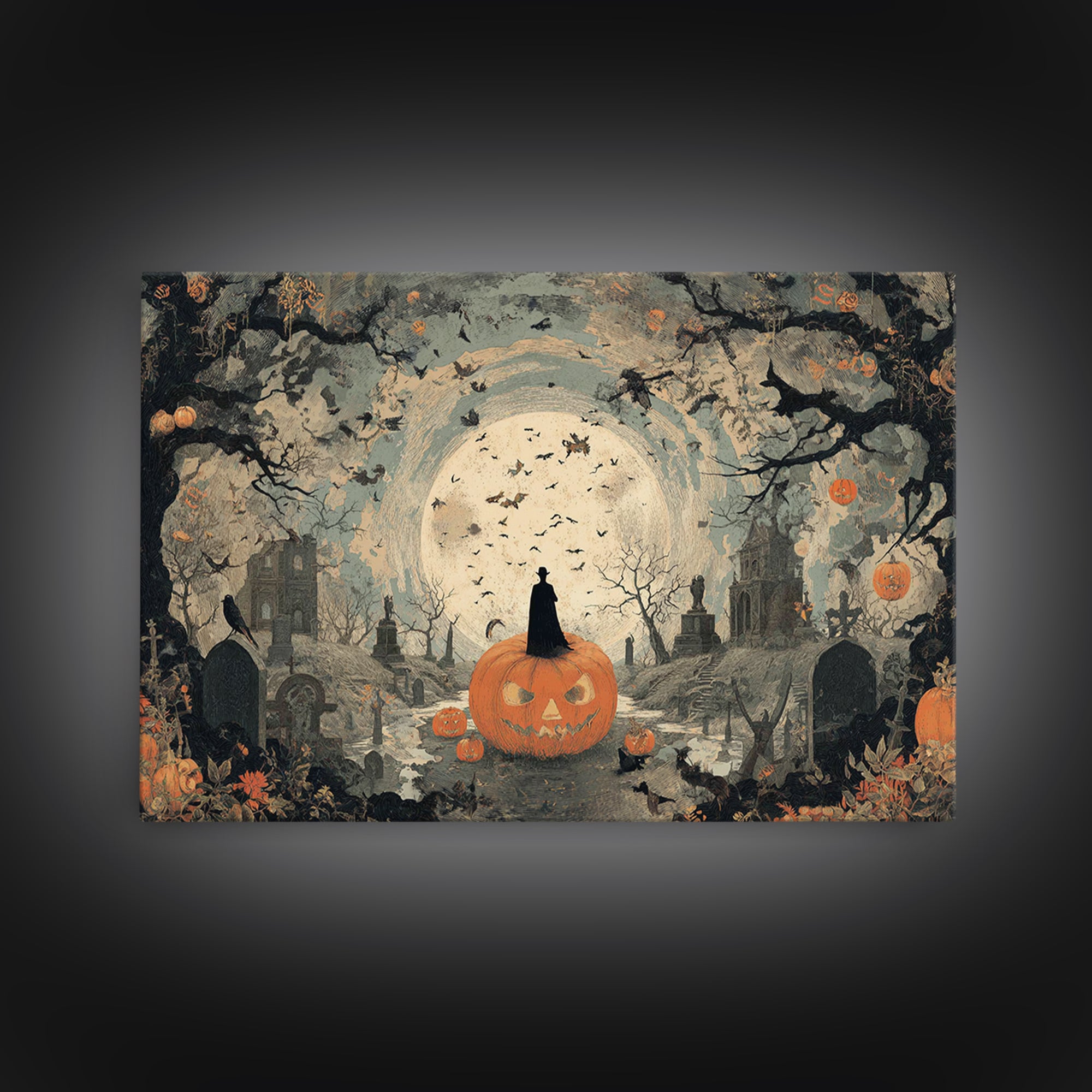 Vintage Orange-And-Black Halloween, Romantic Gothic Landscape, Landscape Wall Art, Dark Fantasy Wall Art, Canvas Print