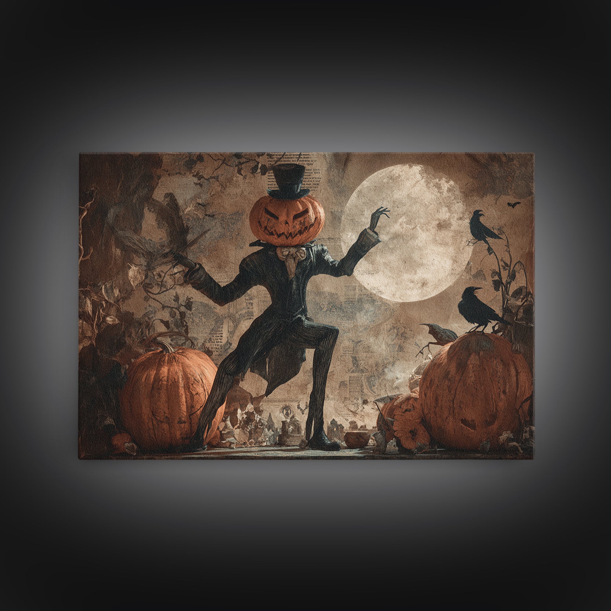 Vintage Orange-And-Black Halloween, Expressionist Nightmare Art, Landscape Wall Art, Dark Fantasy Wall Art, Framed Canvas Print
